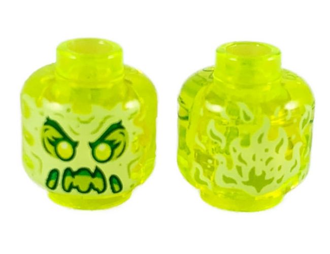 Minifigure, Head Alien Female Ghost with Yellowish Green Face, Dark Green Eyebrows, Double Eyelashes, Lime Eye Shadow, Green Angry Open Mouth with Slime, Sharp Teeth and Tongue, Flames on Back Pattern