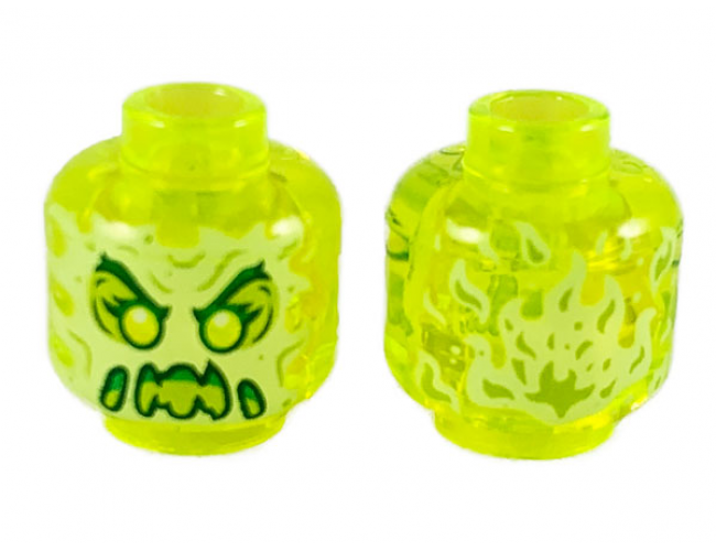 Minifigure, Head Alien Female Ghost with Yellowish Green Face, Dark Green Eyebrows, Double Eyelashes, Lime Eye Shadow, Green Angry Open Mouth with Slime, Sharp Teeth and Tongue, Flames on Back Pattern