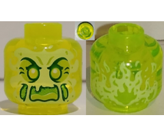 Minifigure, Head Alien Ghost with Yellowish Green Face, Cheeks, Large Raised Eyebrows, Pointed Eyes and Flames in Back Pattern