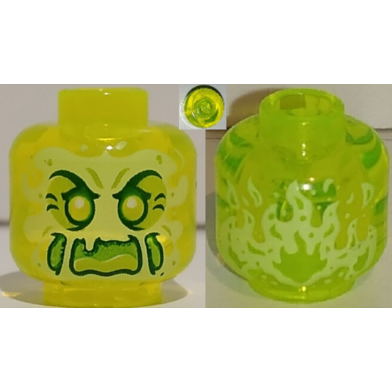 Minifigure, Head Alien Ghost with Yellowish Green Face, Cheeks, Large Raised Eyebrows, Pointed Eyes and Flames in Back Pattern
