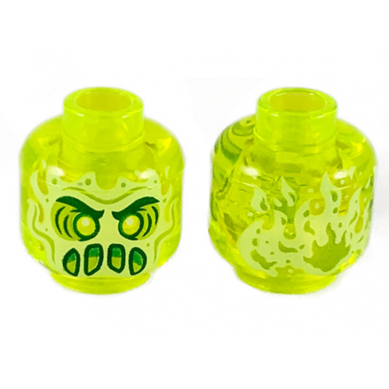 Minifigure, Head Alien Ghost with Yellowish Green Face, Dark Green Thick Eyebrows, Lime Eye Shadow, Furrowed Brow, Green Angry Open Mouth with Slime, Flames on Back Pattern
