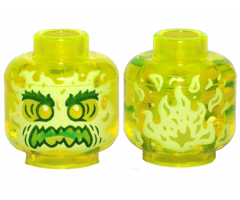 Minifigure, Head Alien Ghost with Yellowish Green Face, Dark Green Bushy Eyebrows, Lime Eye Shadow, Green Open Mouth with Sharp Teeth and Tongue, Flames on Back Pattern