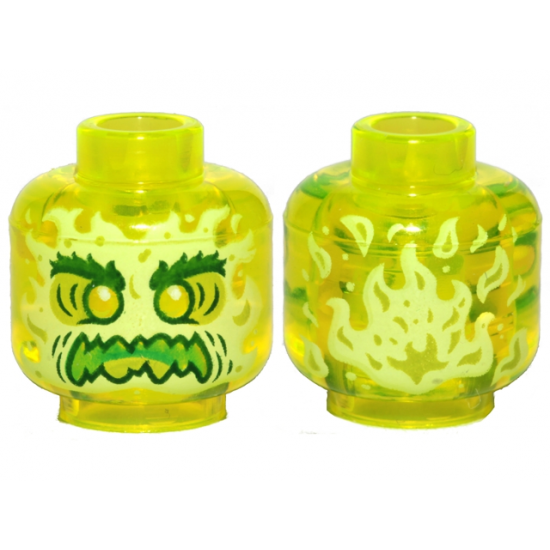 Minifigure, Head Alien Ghost with Yellowish Green Face, Dark Green Bushy Eyebrows, Lime Eye Shadow, Green Open Mouth with Sharp Teeth and Tongue, Flames on Back Pattern