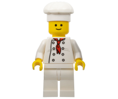 Chef - White Torso with 8 Buttons, Light Bluish Gray Wrinkles, WITH Back Print, White Legs, Standard Grin