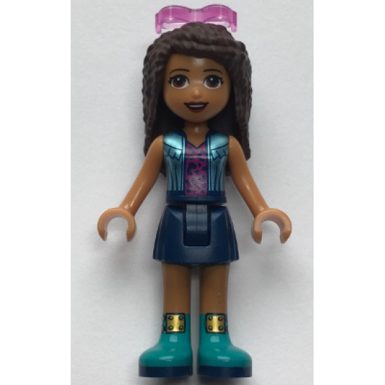 Friends Andrea, Dark Blue Skirt, Metallic Light Blue Vest over Magenta Top, Sunglasses