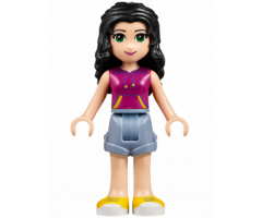 Friends Emma, Sand Blue Shorts, Magenta Top with Yellow and Dark Purple Stripes