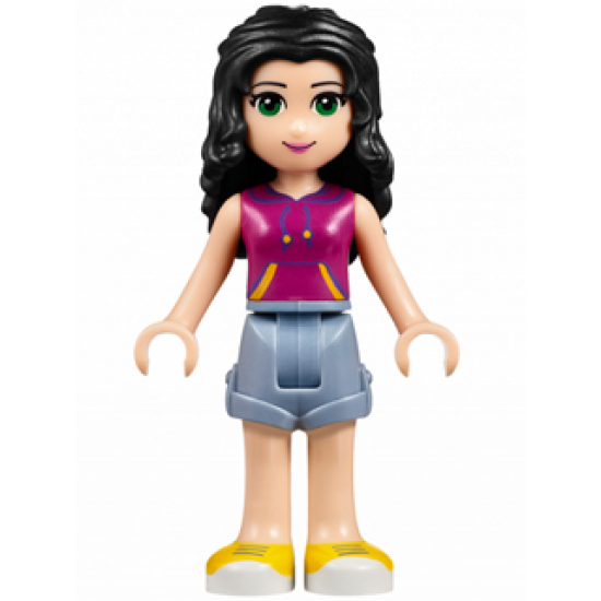 Friends Emma, Sand Blue Shorts, Magenta Top with Yellow and Dark Purple Stripes
