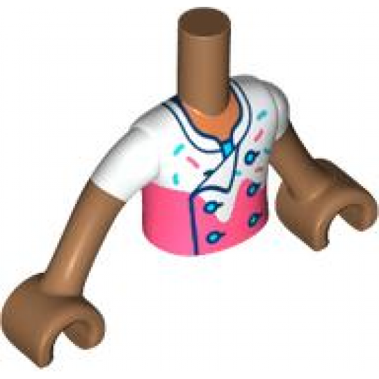 Torso Mini Doll Boy White and Coral Chef Shirt with Dark Turquoise and Coral Sprinkles Pattern, Medium Nougat Arms with Hands with White Short Sleeves