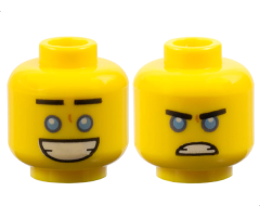 Minifigure, Head Dual Sided Black Straight Eyebrows, Medium Blue Eyes, Large Open Mouth Smile with Teeth / Angry Scowl Pattern