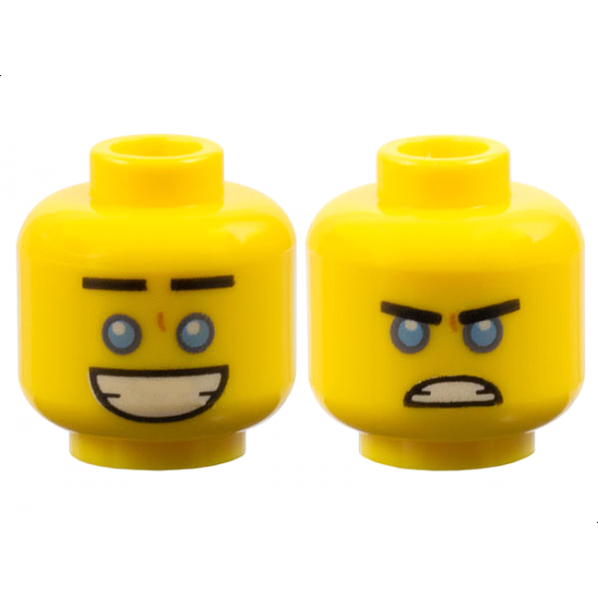 Minifigure, Head Dual Sided Black Straight Eyebrows, Medium Blue Eyes, Large Open Mouth Smile with Teeth / Angry Scowl Pattern
