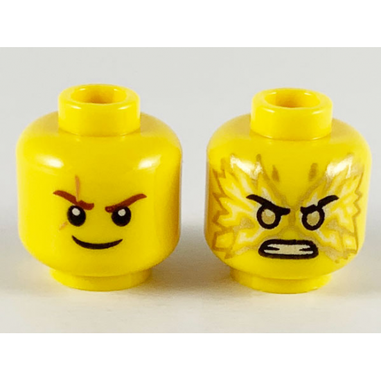 Minifigure, Head Dual Sided Reddish Brown Eyebrows, Scar, White Pupils, Smile / Gold Pupils, Fire, Angry Pattern