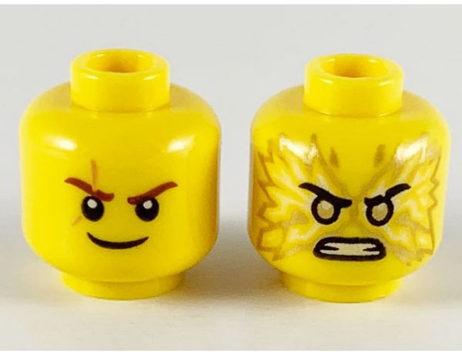 Minifigure, Head Dual Sided Reddish Brown Eyebrows, Scar, White Pupils, Smile / Gold Pupils, Fire, Angry Pattern