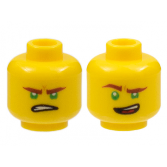 Minifigure, Head Dual Sided Reddish Brown Eyebrows, Green Eyes, Lopsided Open Mouth Grin / Gritted Teeth Pattern (Lloyd)
