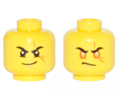 Minifigure, Head Dual Sided Black Eyebrows, Scar Across Left Eye, Smirk / Orange Rimmed Eyes, Gold Pupils, Scowl Pattern