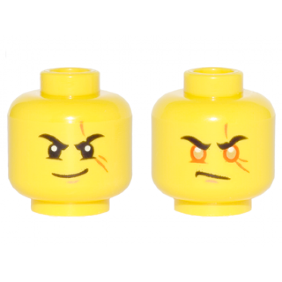 Minifigure, Head Dual Sided Black Eyebrows, Scar Across Left Eye, Smirk / Orange Rimmed Eyes, Gold Pupils, Scowl Pattern