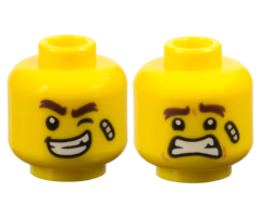 Minifigure, Head Dual Sided Dark Brown Thick Eyebrows, Bandage, Wink and Lopsided Open Mouth Smile with Teeth / Scared Pattern