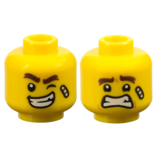 Minifigure, Head Dual Sided Dark Brown Thick Eyebrows, Bandage, Wink and Lopsided Open Mouth Smile with Teeth / Scared Pattern