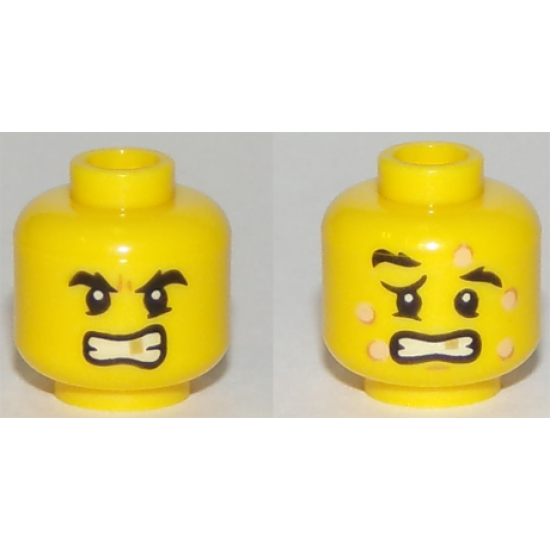 Minifigure, Head Dual Sided Black Eyebrows, Gold Tooth, Five Bee Stings, Determined / Crestfallen Pattern