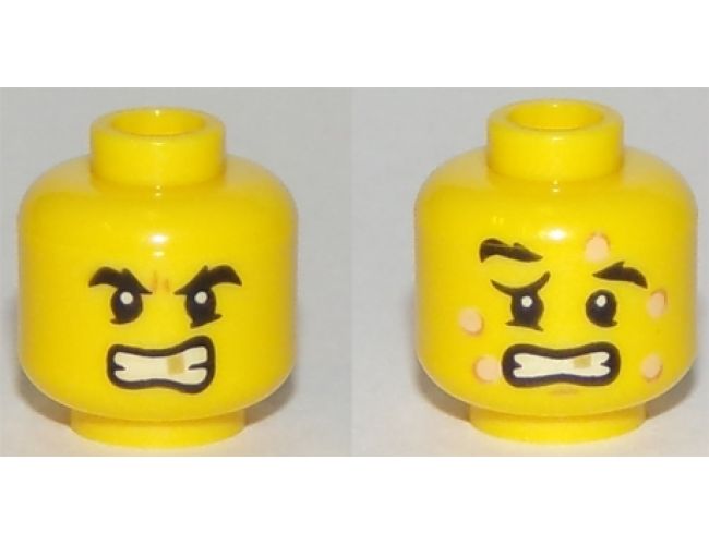 Minifigure, Head Dual Sided Black Eyebrows, Gold Tooth, Five Bee Stings, Determined / Crestfallen Pattern