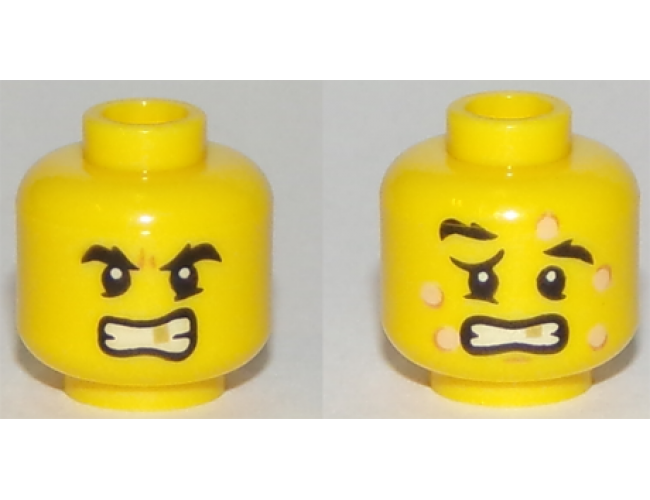 Minifigure, Head Dual Sided Black Eyebrows, Gold Tooth, Five Bee Stings, Determined / Crestfallen Pattern