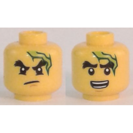 Minifigure, Head Dual Sided Black Bushy Eyebrows, Chin Dimple, Lightning Bolt, Scowl / Open Mouth with Teeth Pattern