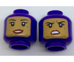Minifigure, Head Dual Sided Female Balaclava with Medium Nougat Face, Black Eyebrows, Eyelashes, Beauty Mark, Dark Red Lips, Open Mouth Smile with Teeth / Concerned Pattern