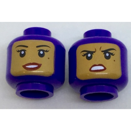 Minifigure, Head Dual Sided Female Balaclava with Medium Nougat Face, Black Eyebrows, Eyelashes, Beauty Mark, Dark Red Lips, Open Mouth Smile with Teeth / Concerned Pattern