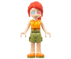 Friends Mia, Olive Green Shorts, Orange and Bright Light Orange Top with Lightning Bolts, Orange Shoes, 3D Glasses