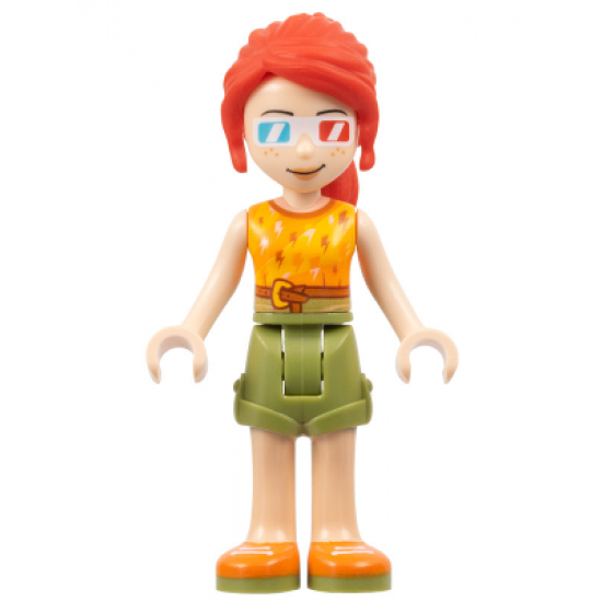 Friends Mia, Olive Green Shorts, Orange and Bright Light Orange Top with Lightning Bolts, Orange Shoes, 3D Glasses