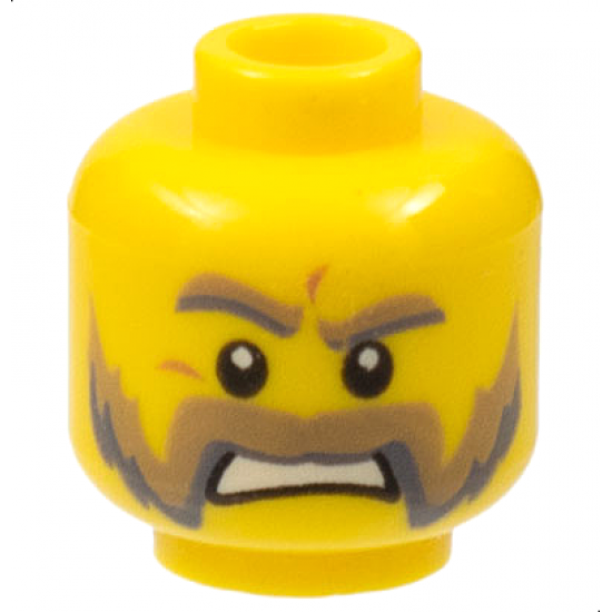 Minifigure, Head Dark Tan and Dark Bluish Gray Thick Eyebrows, Moustache and Mutton Chops, Medium Nougat Wrinkles, Angry Open Mouth Scowl with Teeth Pattern