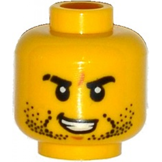 Minifigure, Head Beard Stubble, Black Eyebrows, Scar on Right Eyebrow, Open Mouth with Teeth Pattern