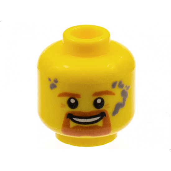 Minifigure, Head Dark Orange Eyebrows, Goatee, and Moustache, Dark Bluish Gray Splotches, Open Mouth Smile with Teeth Pattern
