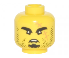 Minifigure, Head Black Eyebrows, Goatee, Stubble and Large Medium Nougat Scar with Stitches Pattern