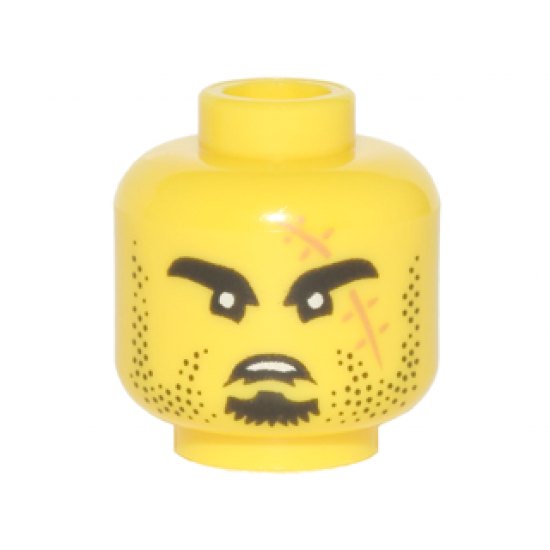 Minifigure, Head Black Eyebrows, Goatee, Stubble and Large Medium Nougat Scar with Stitches Pattern
