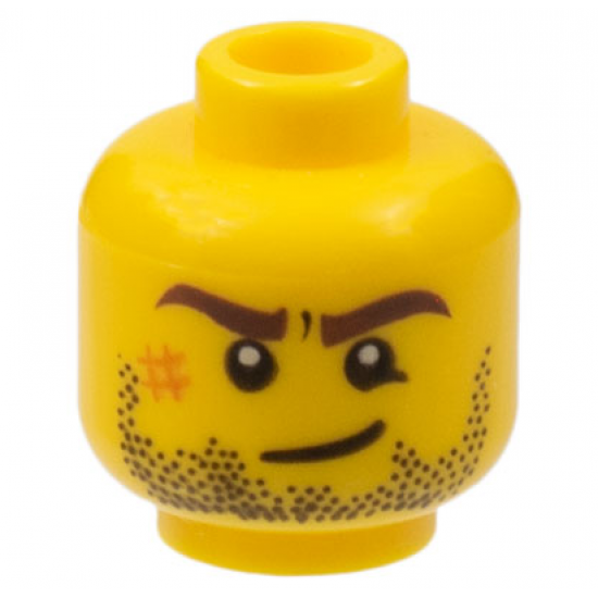Minifigure, Head Dark Brown Eyebrows, Black Beard Stubble, Dark Orange Scuff Mark, Lopsided Grin Pattern
