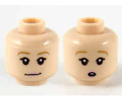 Minifigure, Head Dual Sided Female Dark Tan Eyebrows, Black Eyelashes, Bright Pink Lips, Neutral / Surprised Open Mouth with Top Teeth Pattern