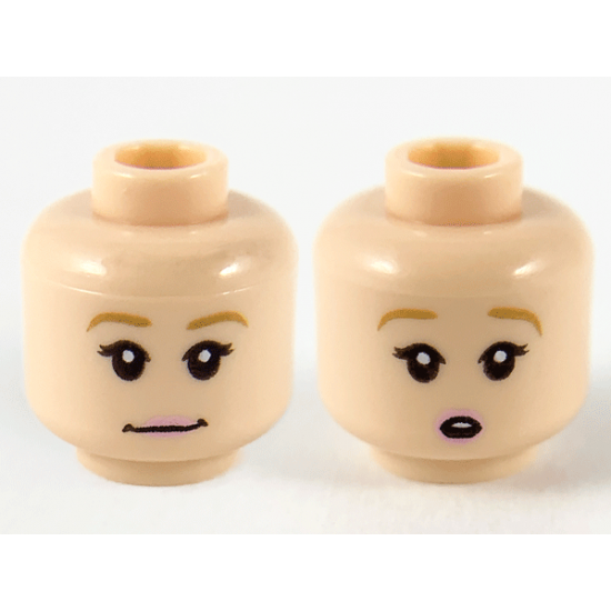 Minifigure, Head Dual Sided Female Dark Tan Eyebrows, Black Eyelashes, Bright Pink Lips, Neutral / Surprised Open Mouth with Top Teeth Pattern