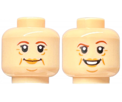 Minifigure, Head Dual Sided Female Reddish Brown Eyebrows, Medium Nougat Lips, Wrinkles, Grin / Smile with Raised Eyebrow Pattern