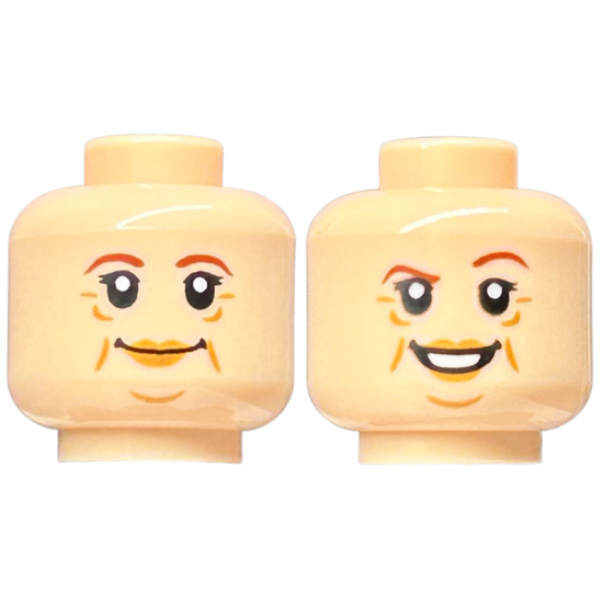 Minifigure, Head Dual Sided Female Reddish Brown Eyebrows, Medium Nougat Lips, Wrinkles, Grin / Smile with Raised Eyebrow Pattern