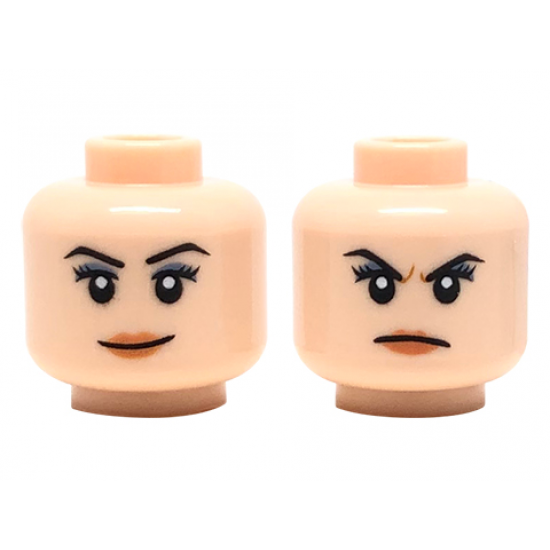 Minifigure, Head Dual Sided Female Black Eyebrows, Peach Lips, Smirk/Frown Pattern