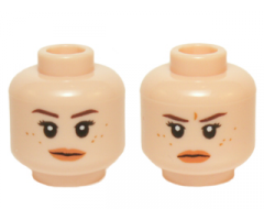 Minifigure, Head Dual Sided Female Dark Brown Eyebrows, Black Eyelashes, Freckles, Nougat Lips, Neutral / Stern Pattern
