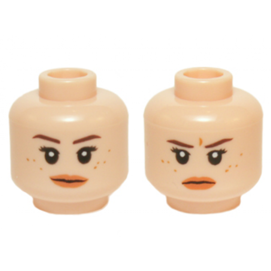 Minifigure, Head Dual Sided Female Dark Brown Eyebrows, Black Eyelashes, Freckles, Nougat Lips, Neutral / Stern Pattern