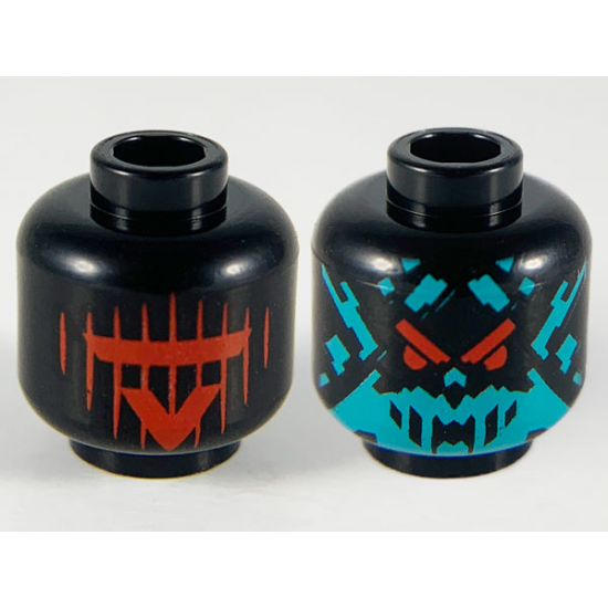 Minifigure, Head Dual Sided Alien, Red Visor and 'V' with 9 Vertical Stripes / Dark Turquoise Splotch Face with Red Eyes Pattern