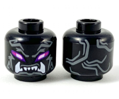 Minifigure, Head Alien Oni with Bright Pink and Magenta Eyes, Dark Bluish Gray Markings, and Open Mouth with White Lower Fangs Pattern