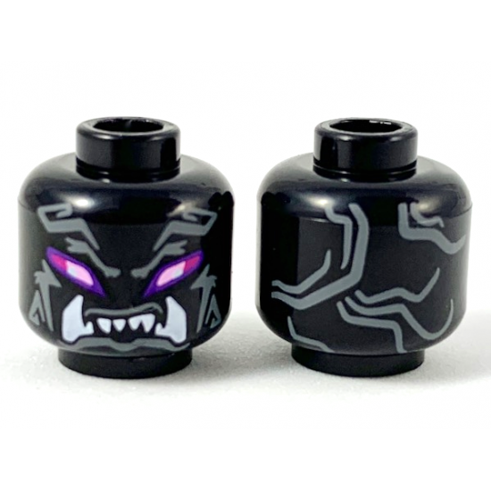 Minifigure, Head Alien Oni with Bright Pink and Magenta Eyes, Dark Bluish Gray Markings, and Open Mouth with White Lower Fangs Pattern