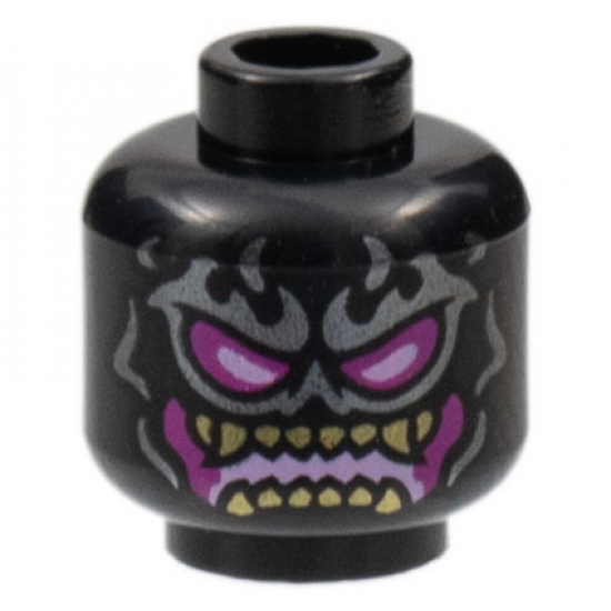 Minifigure, Head Alien Silver Flame Tattoos, Magenta and Bright Pink Eyes and Mouth, Gold Teeth Pattern