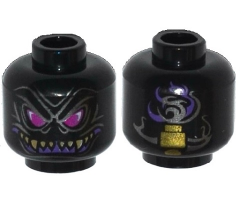Minifigure, Head Alien with Magenta Eyes, Dark Purple Grin with Sharp Teeth, and Gold Vertebra on Back Pattern