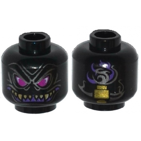 Minifigure, Head Alien with Magenta Eyes, Dark Purple Grin with Sharp Teeth, and Gold Vertebra on Back Pattern