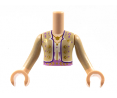 Torso Mini Doll Girl, Tan Jacket with Gold and Medium Lavender Flowers, Dark Purple Trim, Pendant Necklace, White Shirt Pattern, Light Nougat Arms with Hands with Tan Long Sleeves