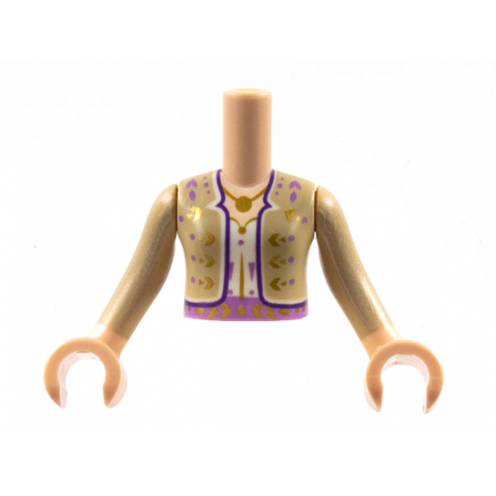 Torso Mini Doll Girl, Tan Jacket with Gold and Medium Lavender Flowers, Dark Purple Trim, Pendant Necklace, White Shirt Pattern, Light Nougat Arms with Hands with Tan Long Sleeves